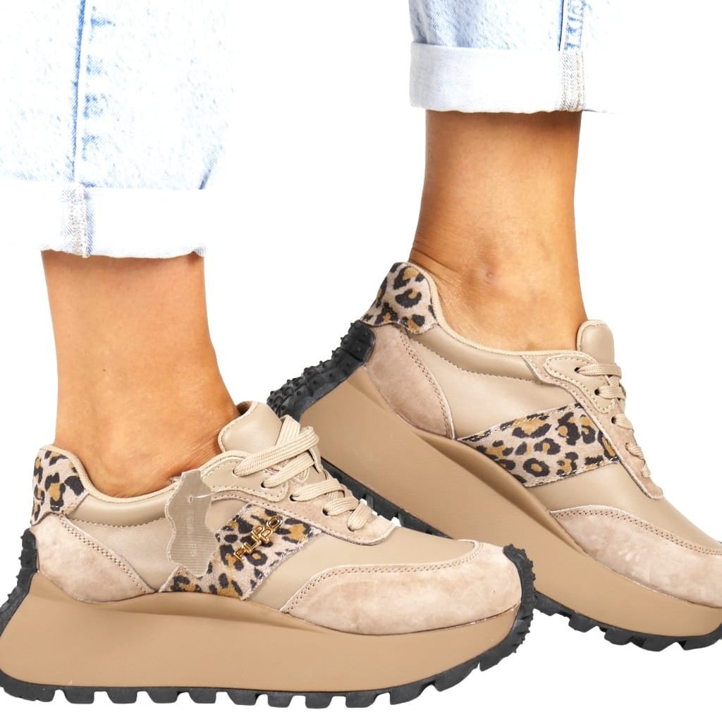 SNEAKERSY NA GRUBEJ PODESZWIE PÓŁBUTY SKÓRZANE FILIPPO 6785 BEŻOWE PANTERKA