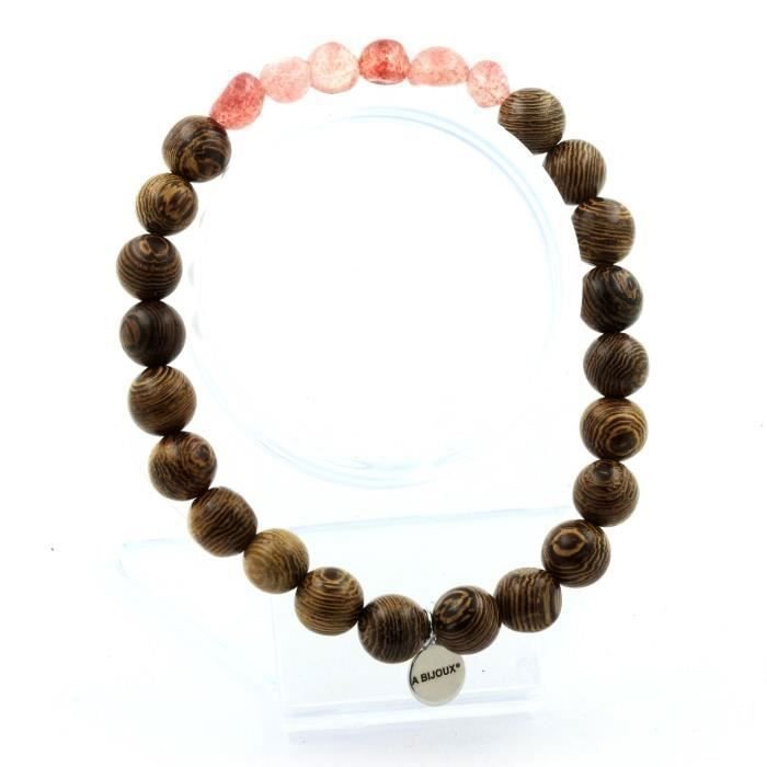 Kamienie i minerały. Bransoletka Kwarc Truskawkowy z Madagaskaru + drewniane koraliki 8 mm. Wyprodukowano we Francji.