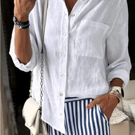 Koszule damskie - TEMU Koszula Damska w Luźnym Kroju Jednokolorowa z Kieszonką na Piersi i Kołnierzykiem - Wszechsezonowy Top do Biura, Codziennego Użytku i Stylizacji - miniaturka - grafika 1