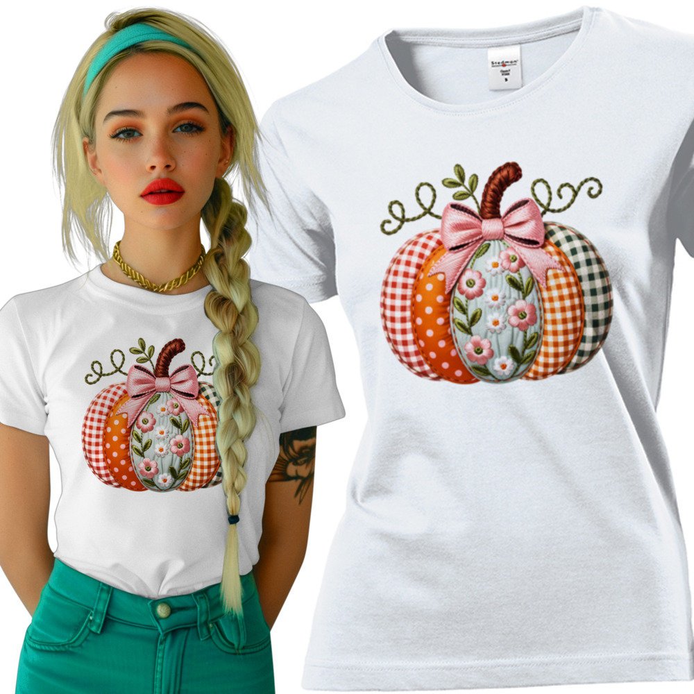 Koszulka damska Patchworkowa Dynia W Kratkę Kwiaty Dzień Dyni Halloween L