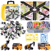 Samochody i pojazdy dla dzieci - Zestaw Pojazdy Budowlane W Walizce Na Kółkach Miasteczko Plansza Puzzle - miniaturka - grafika 1