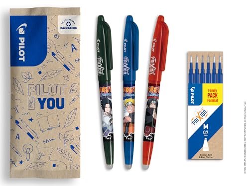 PILOT 3-częściowy zestaw długopisów FriXion Ball, czarny, niebieski, czerwony + 1 zestaw 6 niebieskich wkładów – długopisy ścieralne – Naruto Shipudden Limited Edition – długopisy kulkowe do