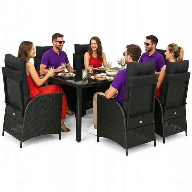 Zestaw mebli ogrodowych czarny, rattan PE, stół 150 x 90 x 75 cm, krzesł