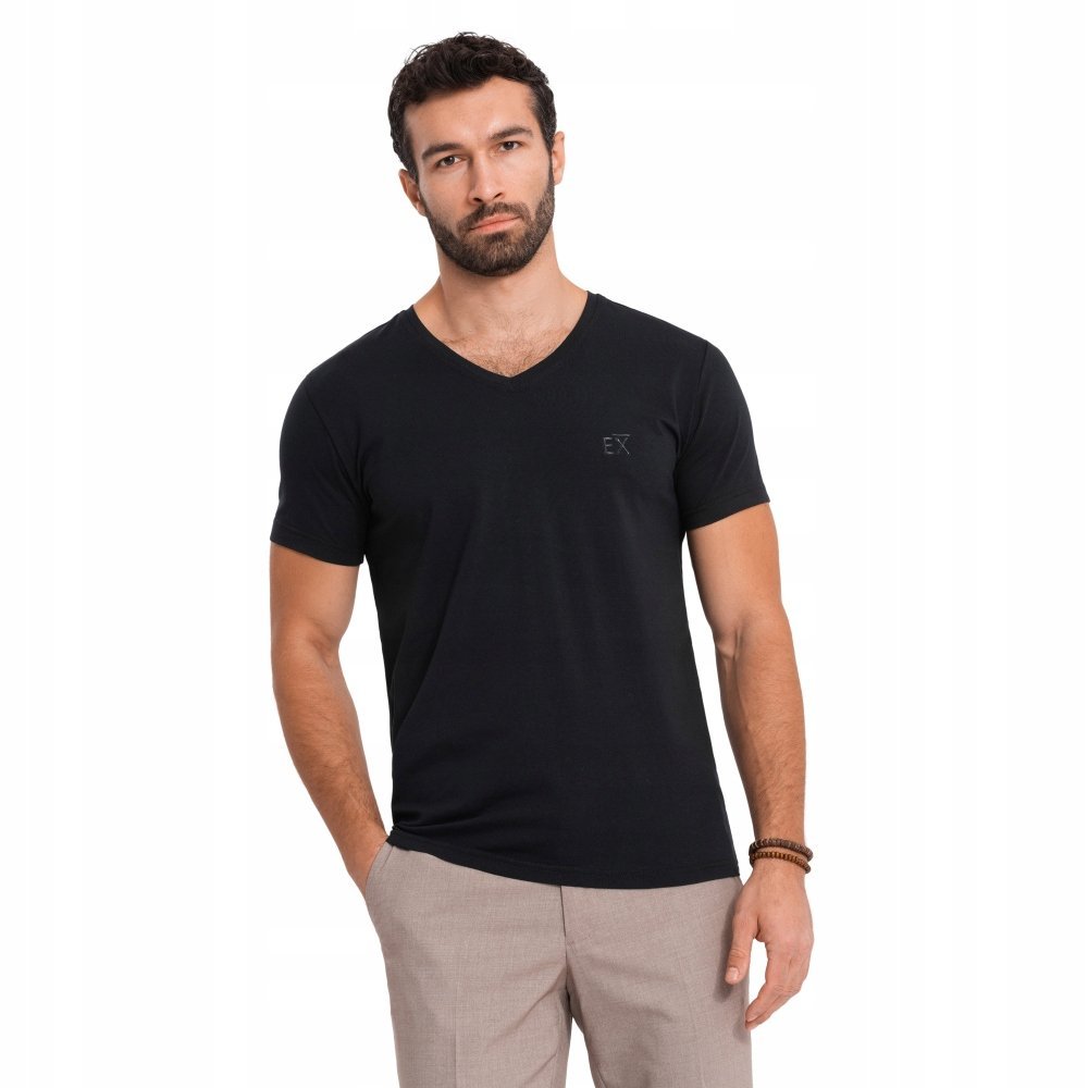 T-shirt męski v-neck slim fit czarny bawełna Ombre OM-TSBC-0221 V1 roz. XXL