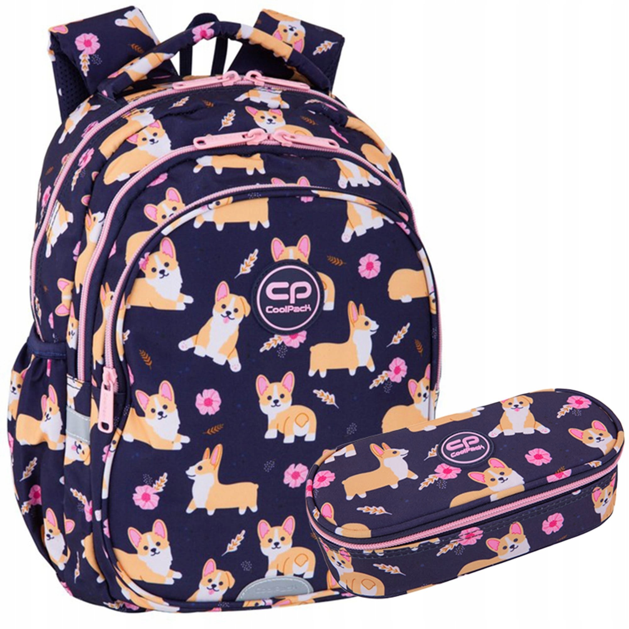 Zestaw dla dziewczynki do klasy 1-3 plecak i piórnik Coolpack Corgi pies