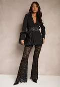 Spodnie damskie - Czarne Spodnie Dzwony z Koronkowego Materiału Vortika - miniaturka - grafika 1
