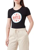 Koszulki i topy damskie - Love Moschino Damska koszulka ze stretchu bawełnianego z naszywką z logo, czarny, 38 - miniaturka - grafika 1