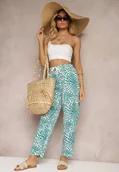 Spodnie damskie - Niebieskie Spodnie z Elastyczną Gumką w Pasie i Mozaikowym Wzorem Tleana - miniaturka - grafika 1