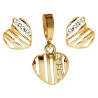 Zestawy biżuterii dla kobiet - Złoty zestaw biżuterii damskiej 585 serduszka ażurowe z cyrkoniami kolczyki sztyfty zawieszka 1.10g - miniaturka - grafika 1