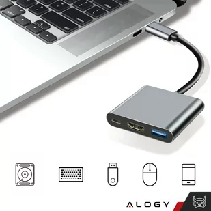 Adapter przejściówka HUB 3w1 USB-C na HDMI USB-A USB-C 4K 60Hz Alogy szary - Kable - miniaturka - grafika 2