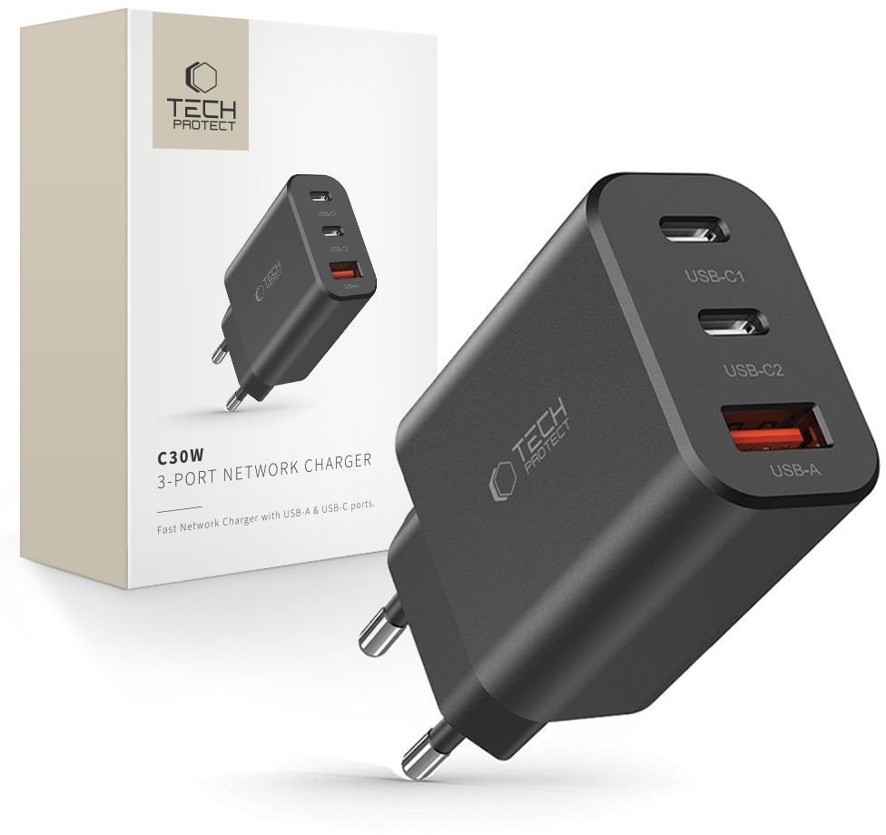 Tech-Protect Ładowarka sieciowa NC30W 2x USB-C USB-A 30W - czarna Ładowarka sieciowa NC30W 2x USB-C USB-A 30W - czarna 9490713935231