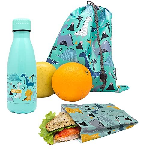NERTHUS FIH 1036 ZESTAW Dwuścienna butelka ze stali nierdzewnej + torba typu sandwich + plecak dinozaur