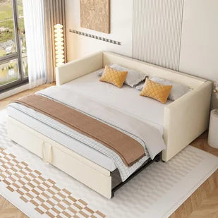 Łóżko rozkładane Fortuna Lai 90x200cm/180x200cm, rozkładana sofa z listwowym stelażem i podłokietnikami, łóżko tapicerowane aksamitem, rozkładana sofa dla dzieci, beżowa - Łóżka dla dzieci i młodzieży - miniaturka - grafika 1