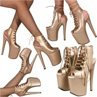 Sandały damskie - SANDAŁY DAMSKIE złote SEXY szpilki NA PLATFORMIE WYSOKIE BOTKI 20 CM r.38 - miniaturka - grafika 1