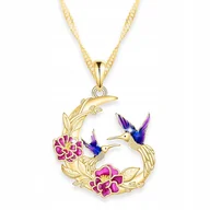 Naszyjniki - Złoty Naszyjnik Kwiat z Kolibrem Koliber Księżyc Półksiężyc SREBRO 925 - miniaturka - grafika 1