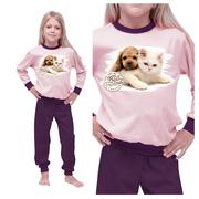 Moda i Uroda OUTLET - Piżama dziecięca dla dziewczynki bawełna z długim rękawem ciepła z pieskiem i kotkiem 140 - miniaturka - grafika 1