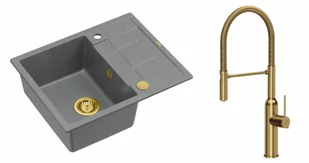 Quadron Zlewozmywak granitowy jednokomorowy 62*50*22 cm z ociekaczem MORGAN 116 SILVER STONE ze złotym odpływem z baterią MARILYN Q LINE z wyciąganą wylewką kolor złoty - Zlewozmywaki z baterią - miniaturka - grafika 1