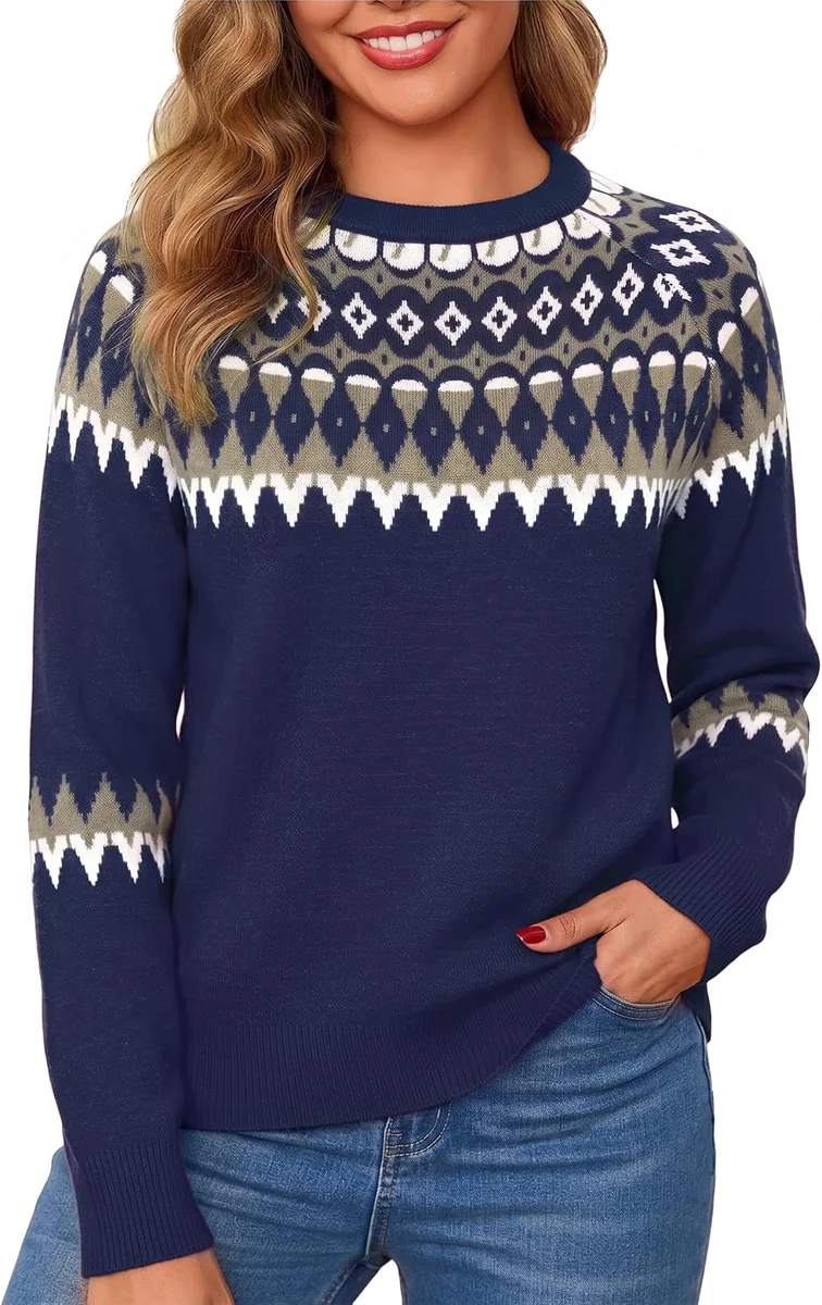 SWETER DAMSKI ŚWIĄTECZNY DZIANINOWY ZIMOWY WZORY LUŹNY KRÓJ DEKOLT OKRĄGŁY