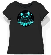 Koszulki i topy damskie - Koszulka damska czarna z nadrukiem turkusowego kota XXL - miniaturka - grafika 1