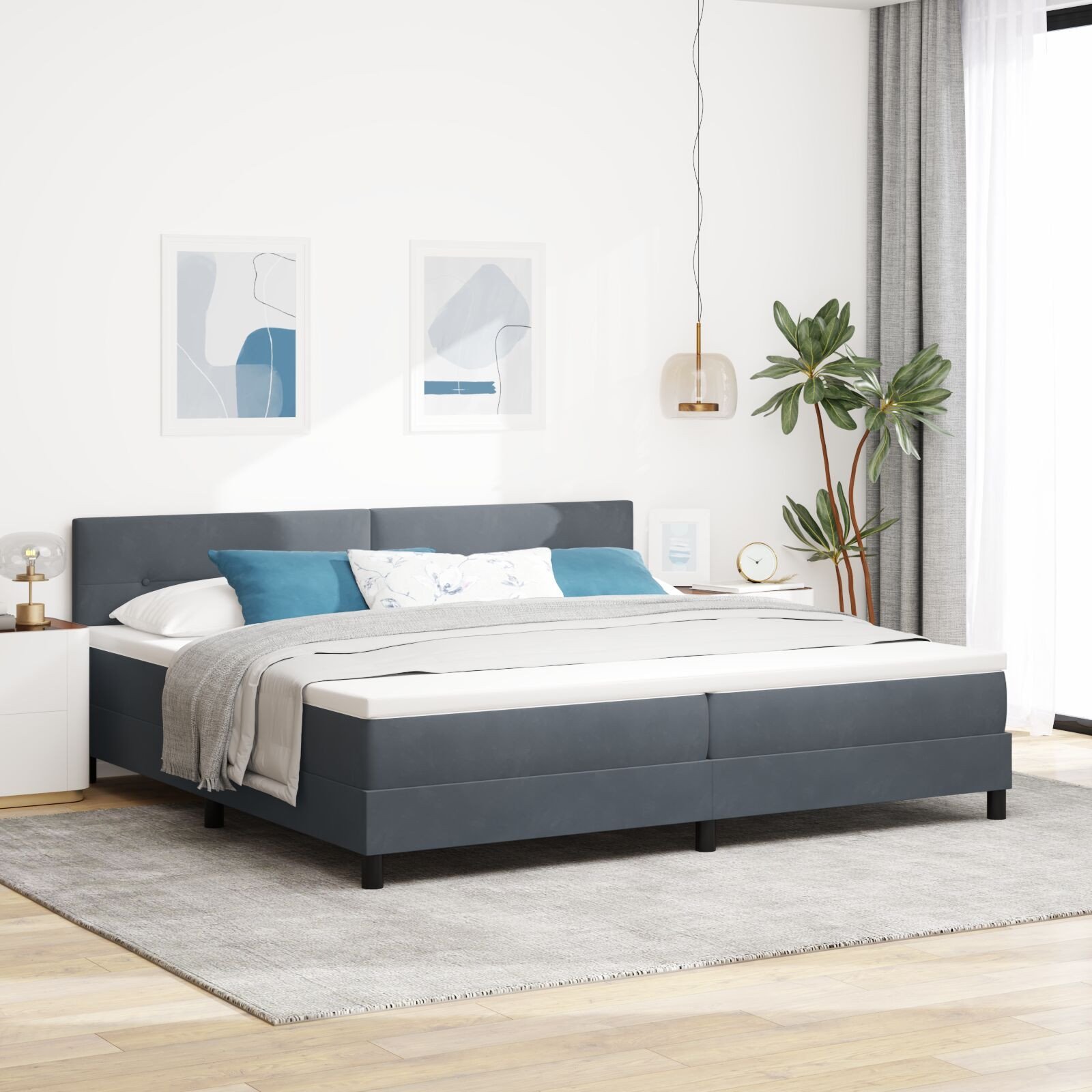Łóżko kontynentalne z materacem ciemnoszary 200x200 cm z weluru