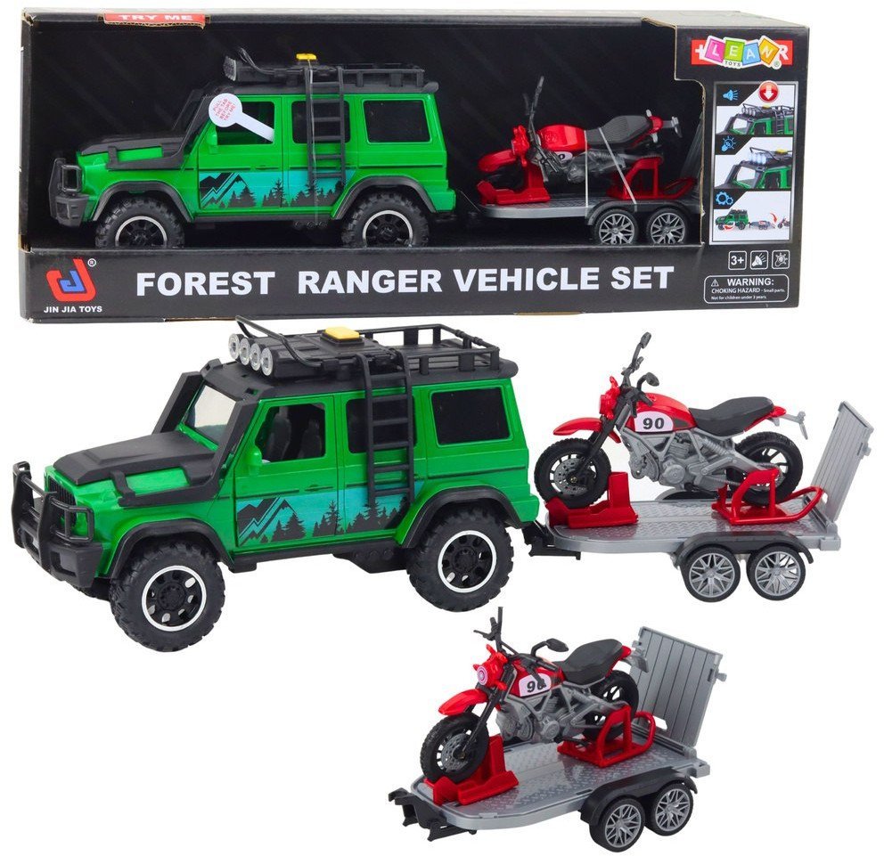 Zestaw Samochód Terenowy Z Lawetą i Motocyklem Światła Dźwięki Zielony