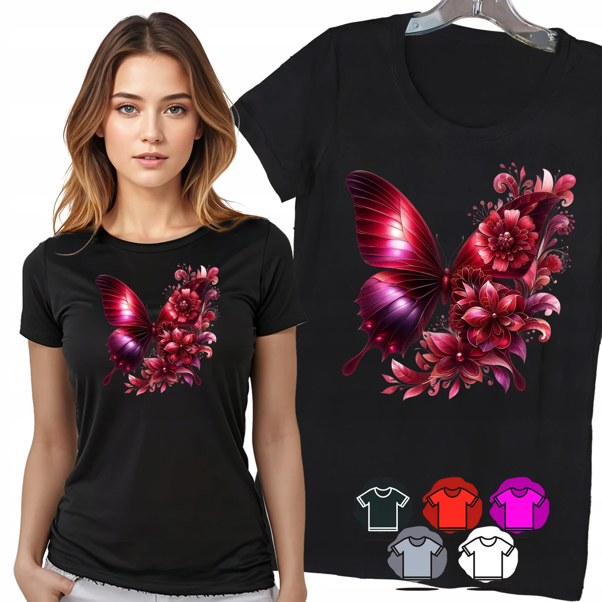 KOSZULKA DAMSKA T-SHIRT - MOTYL BORDOWY KWIATY ELEGANCKI WZÓR DAMSKI - XL