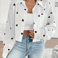 Koszule damskie - TEMU Damska bluzka z nadrukiem , krótka i długa - Elegancka koszula zapinana na guziki z wycięciami w kształcie , lekka letnia bluzka do noszenia na - miniaturka - grafika 1