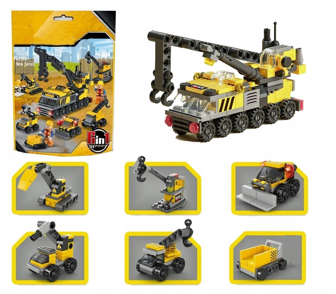 KLOCKI POJAZDY BUDOWLANE TECHNICZNE BUDOWA KOPARKA ZESTAW KLOCKÓW 6w1