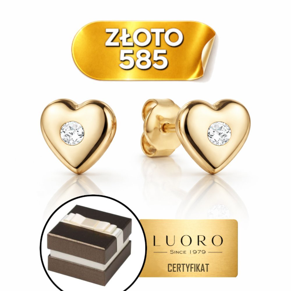 KOLCZYKI ZŁOTE 585 14K SERCA Z CYRKONIĄ 6X4 MM SZTYFT ELEGANCKIE