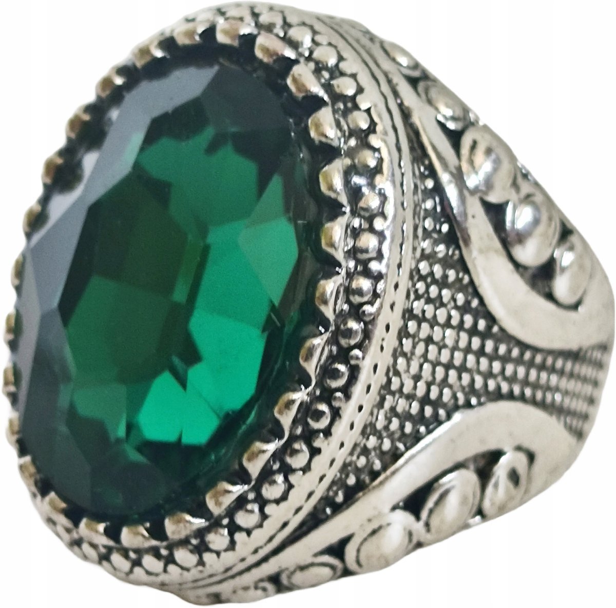 Srebrny Sygnet z Dużym Szmaragdem Zielony Kamień Stal Szlachetna Vintage