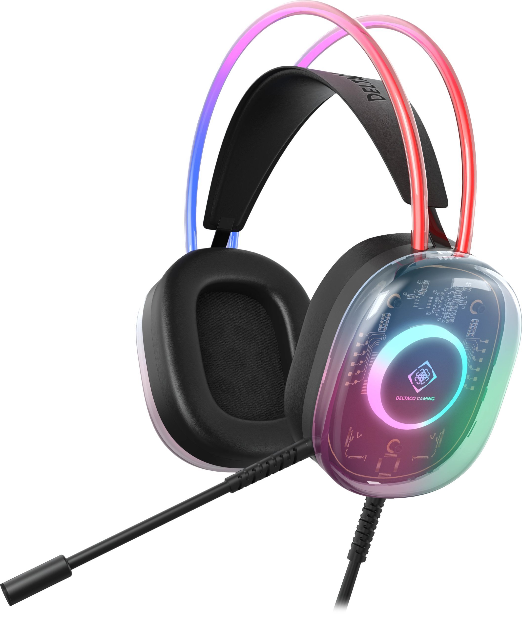 Deltaco półprzezroczyste słuchawki gamingowe z podświetleniem RGB na pałąku i na nausznikach / GAM-186 / 4222394
