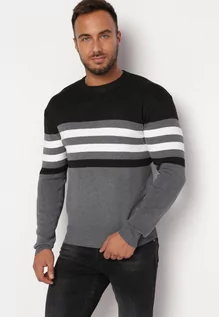 Swetry męskie - Czarny Wełniany Sweter o Klasycznym Kroju w Paski Mathide - grafika 1