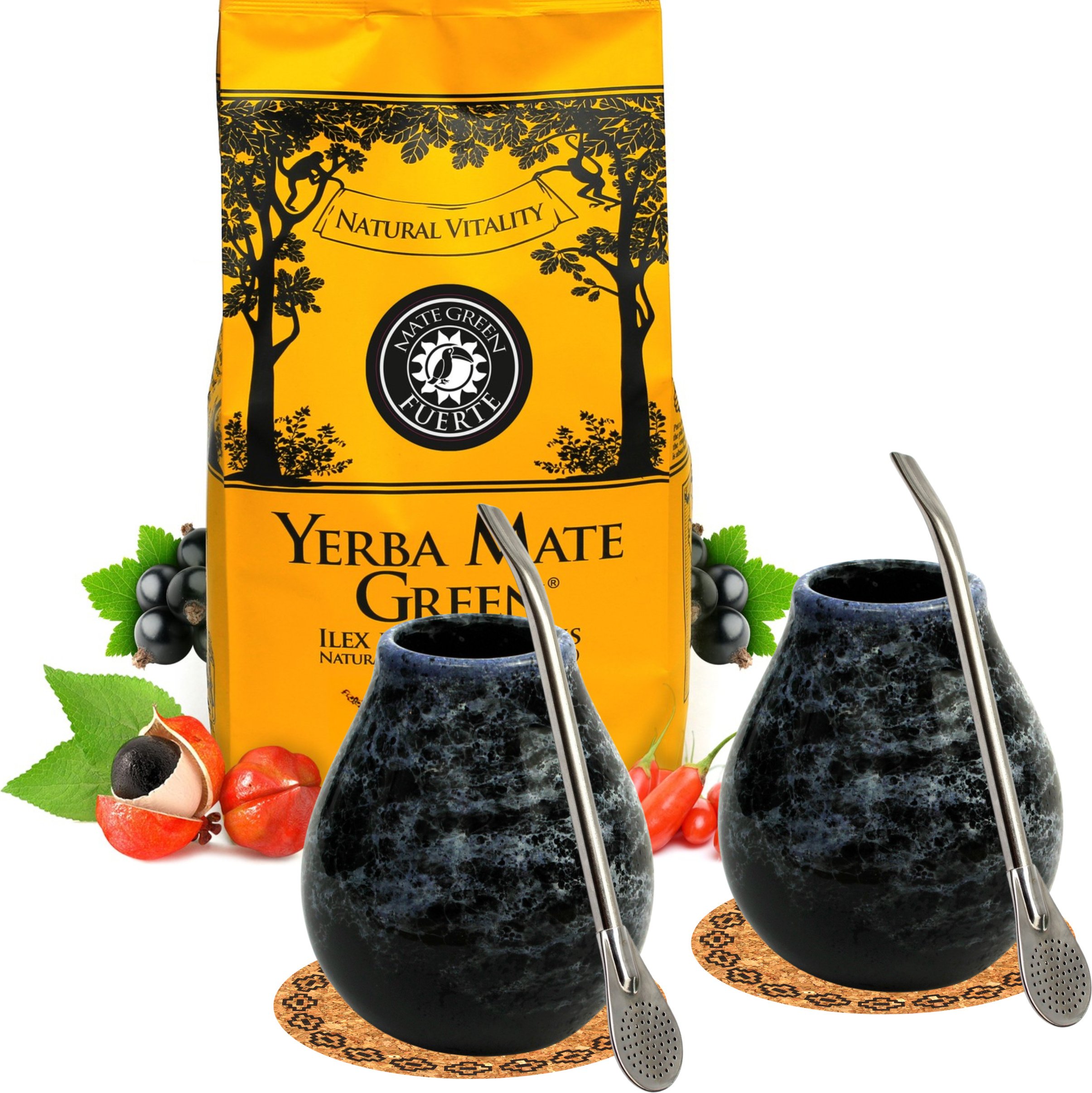 Zestaw startowy herbaty Yerba Mate dla dwojga z Mate Green Fuerte 1kg ● Ceramiczny kubek do mate Marmol 350ml ● Brazylijska herbata mate z ziołami