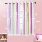Firany i zasłony dla dzieci - Zasłony z oczkami Zestaw 2 zasłon Sypialnia Pokój dziecięcy Dziewczęta Zaciemniająca nieprzezroczysta zasłona z wydrążoną gwiazdą i woalem, 1,3 * 2,43 m, żółty + różowy - miniaturka - grafika 1