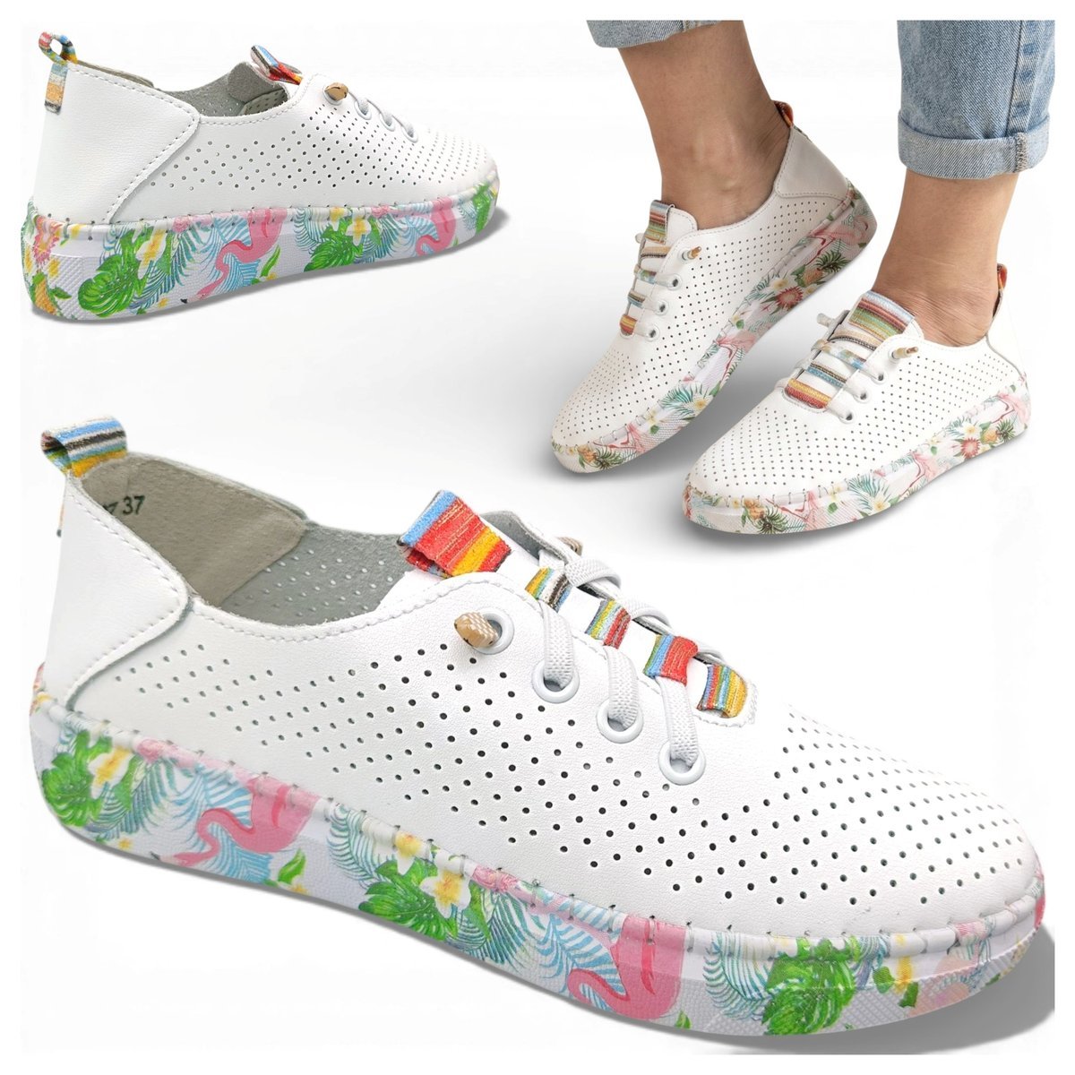 Sneakersy Damskie SKÓRZANE Wygodne Półbuty Białe Modne Letnie Artiker 38
