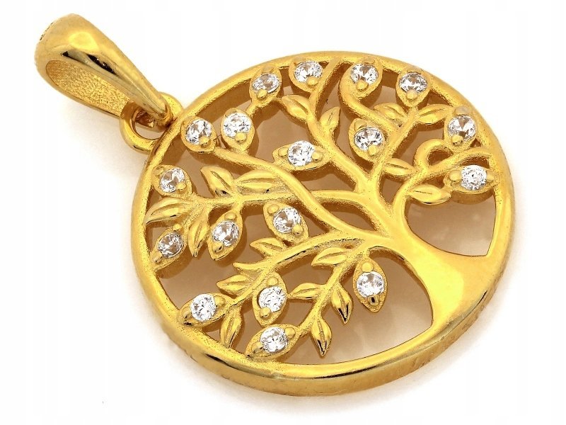 Pozłacana srebrna zawieszka 925 ażurowa z drzewkiem szczęścia z cyrkoniami