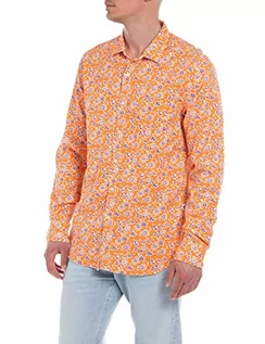 Koszule męskie - Replay Męska koszula z długim rękawem z mieszanki bawełny, pomarańczowa (Orange With Printed Flowers 010), L, Lt Brown With Printed Flowers 010, L - grafika 1