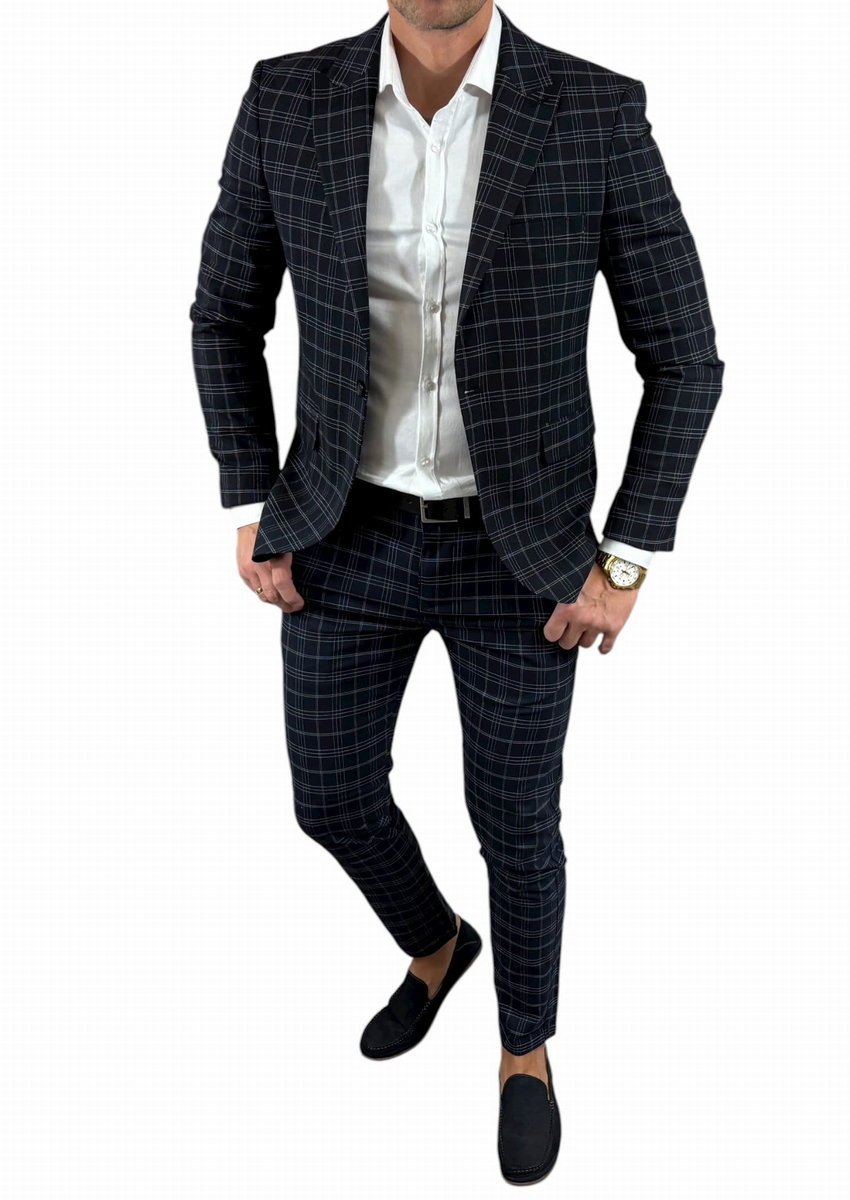 Garnitur męski dwuczęściowy komplet granatowy w drobną kratkę DJG11 54