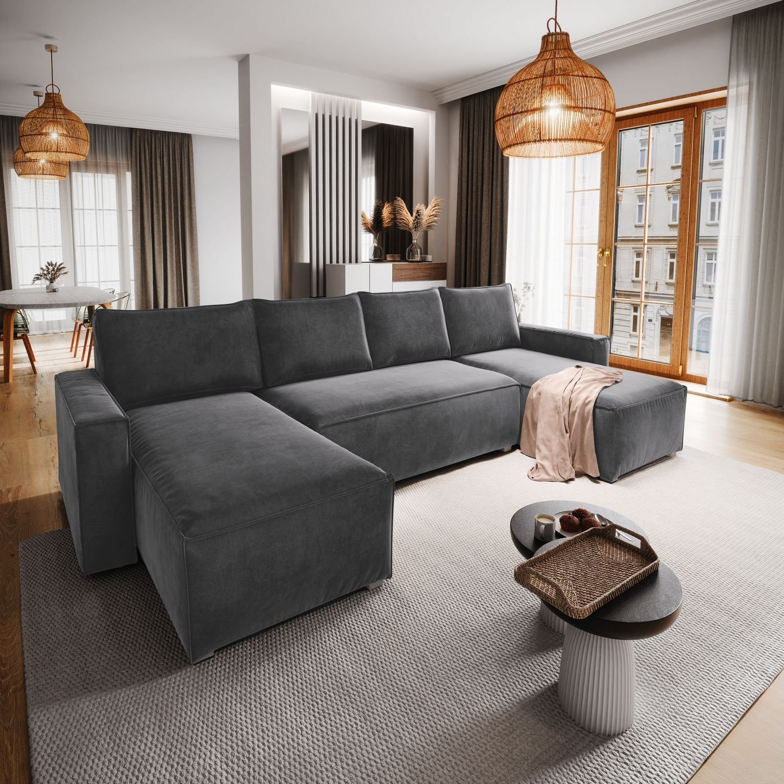 Masseno Narożnik DENI z funkcją spania i pojemnikiem na pościel Kształt U, Rozkładana sofa, Rogówka - Szary, MONOLITH 85