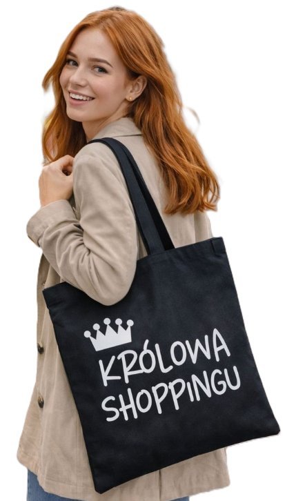 Torba na zakupy z nadrukiem KRÓLOWA SHOPPINGU KORONA na zamek TA-44 czarny