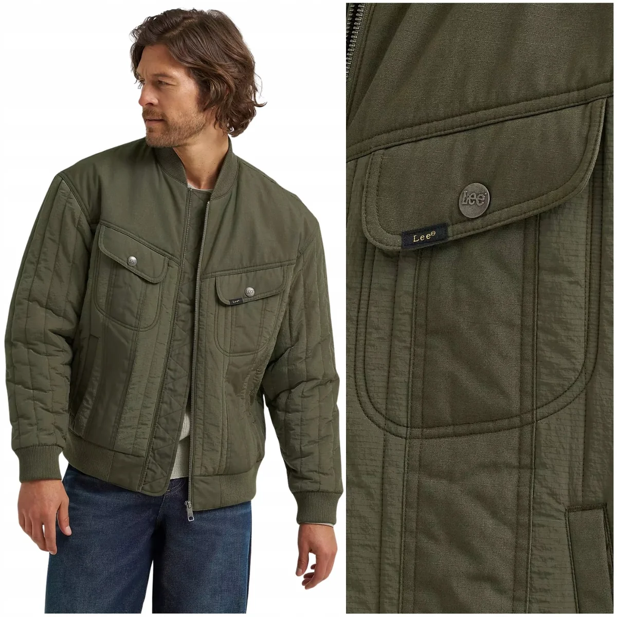 Lee Rider Bomber Jacket Oak Moss klasyczna zielona ocieplana kurtka męska M