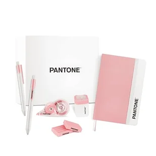 PANTONE™ Pastel Gift Box - Zestaw artykułów piśmienniczych i szkolnych z białą wstążką, 10 mt, czarny długopis żelowy 0,7 mm 4 sztuki, temperówka z zbiornikiem, notatnikiem i 2 gumkami - Długopisy - miniaturka - grafika 1