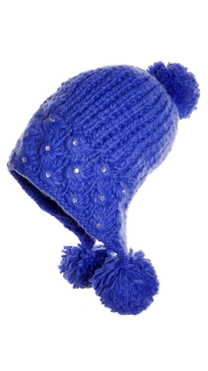 Dziewczęca czapka uszatka z dżetami i pomponem niebieska Ambra r.55/60