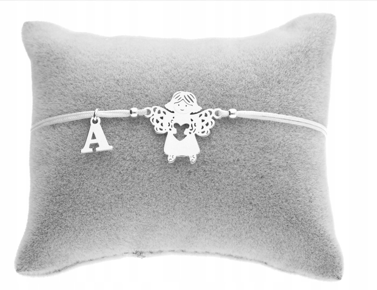 Srebrna bransoletka sznurkowa ANIOŁEK anioł dowolna LITERKA SREBRO 925