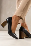 Czółenka - Czarne czółenka skórzane damskie na ozdobnym brązowym klocku PRODUKT POLSKI Casu 7640-899-DWM - miniaturka - grafika 1