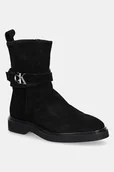 Botki damskie - Calvin Klein botki zamszowe ANKLE BOOT W/ METAL LOGO SUE damskie kolor czarny na płaskim obcasie HW0HW02664 - miniaturka - grafika 1