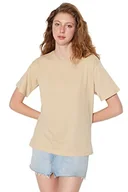 Koszulki i topy damskie - Trendyol Koszulka damska, beżowa, 100% bawełna Bicycle Collar Boyfriend Knitted T-Shirt, S - miniaturka - grafika 1