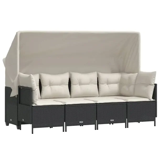Zestaw Wypoczynkowy z Rattanu PE Czarny, Sofa 204x75x140 cm, Podnóżki 50x
