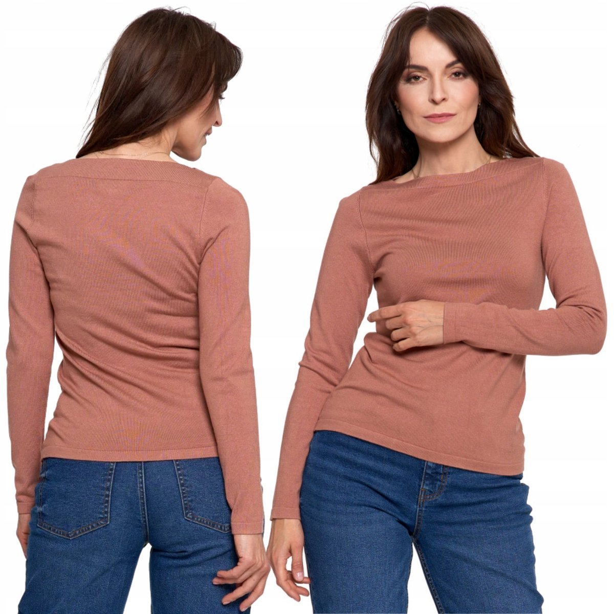 SWETER DAMSKI Z WISKOZY CIENKI O DOPASOWANYM KROJU KLASYCZNY MORAJ S MOCCA