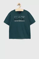 Koszulki dla chłopców - EA7 Emporio Armani t-shirt bawełniany dziecięcy kolor zielony z nadrukiem - miniaturka - grafika 1